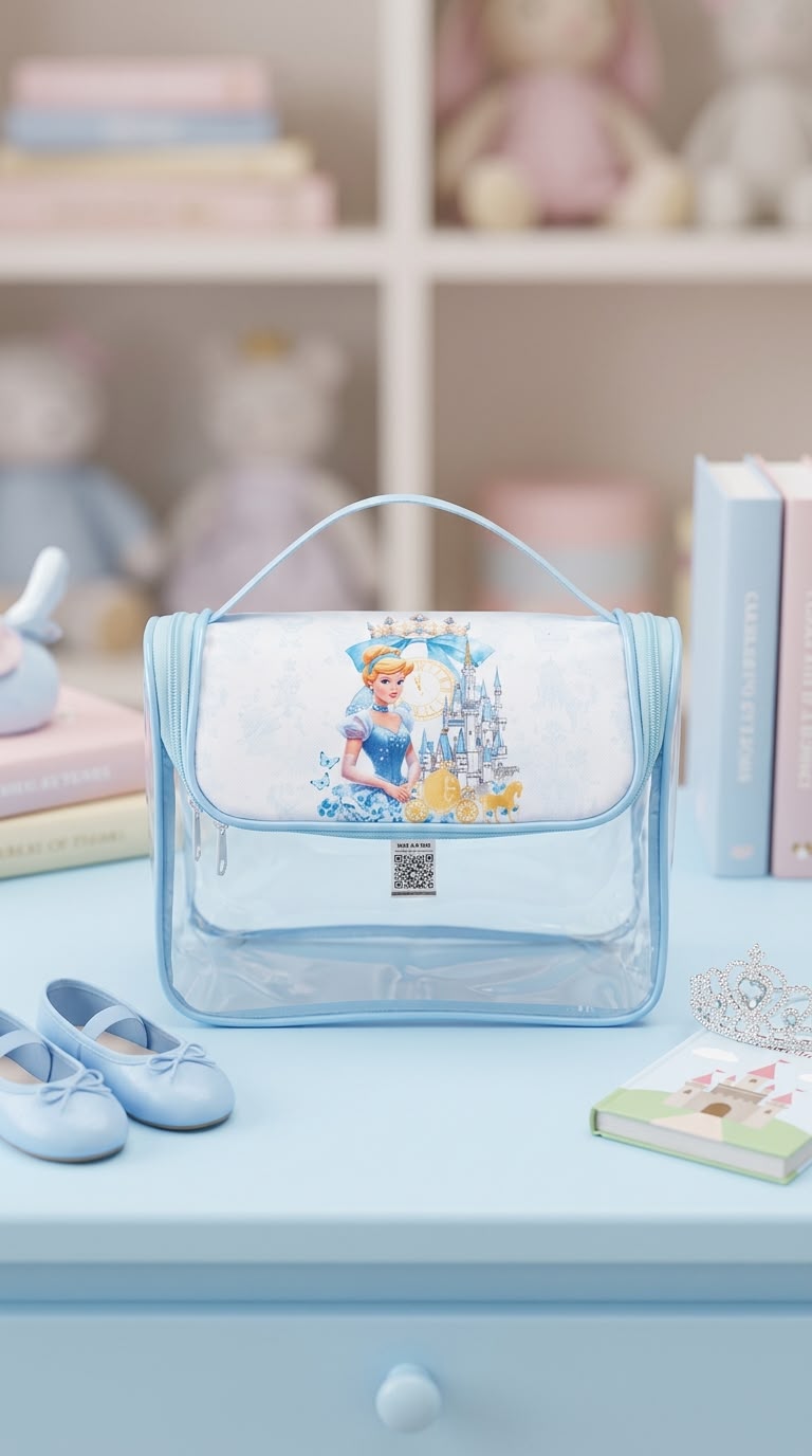 Mockup gerado por IA: bolsa infantil temática em quarto decorado
