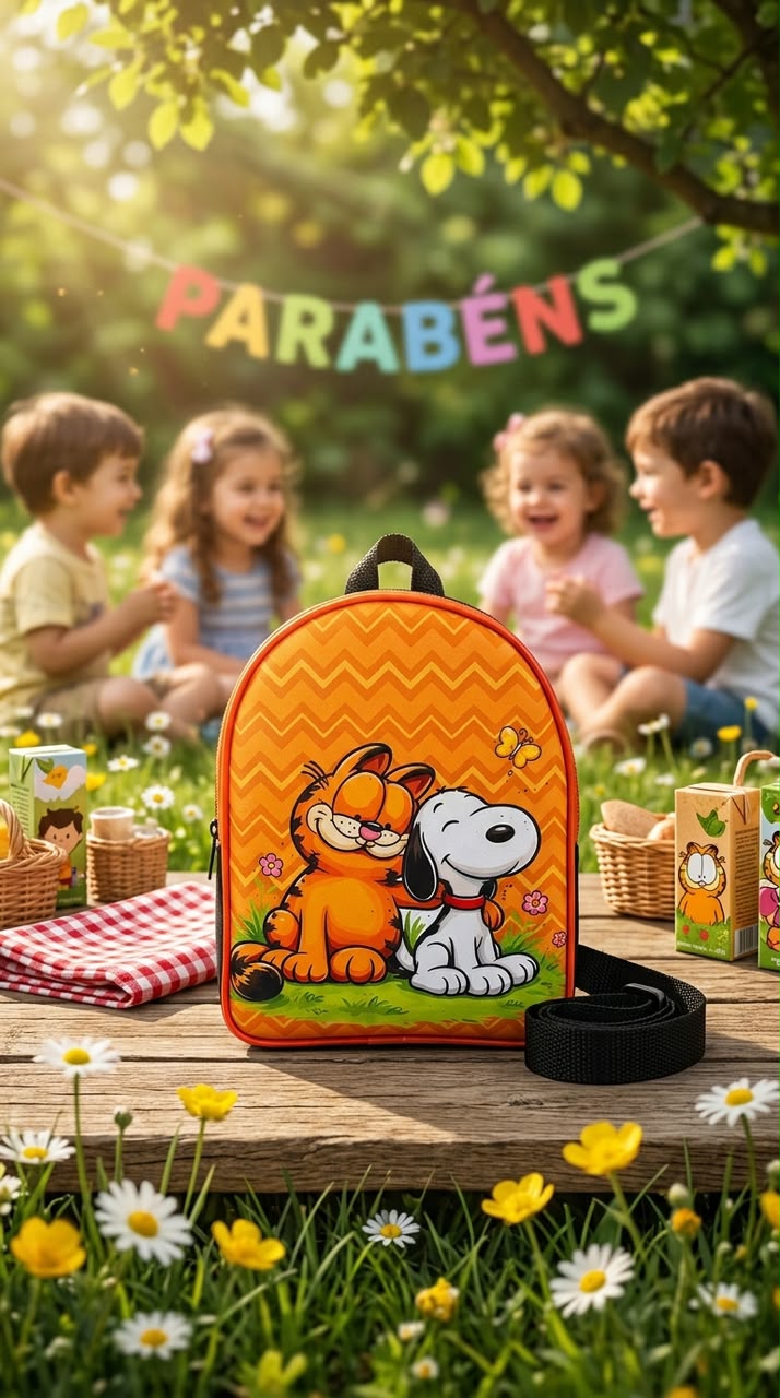 Mockup gerado por IA: mochila em piquenique de aniversário