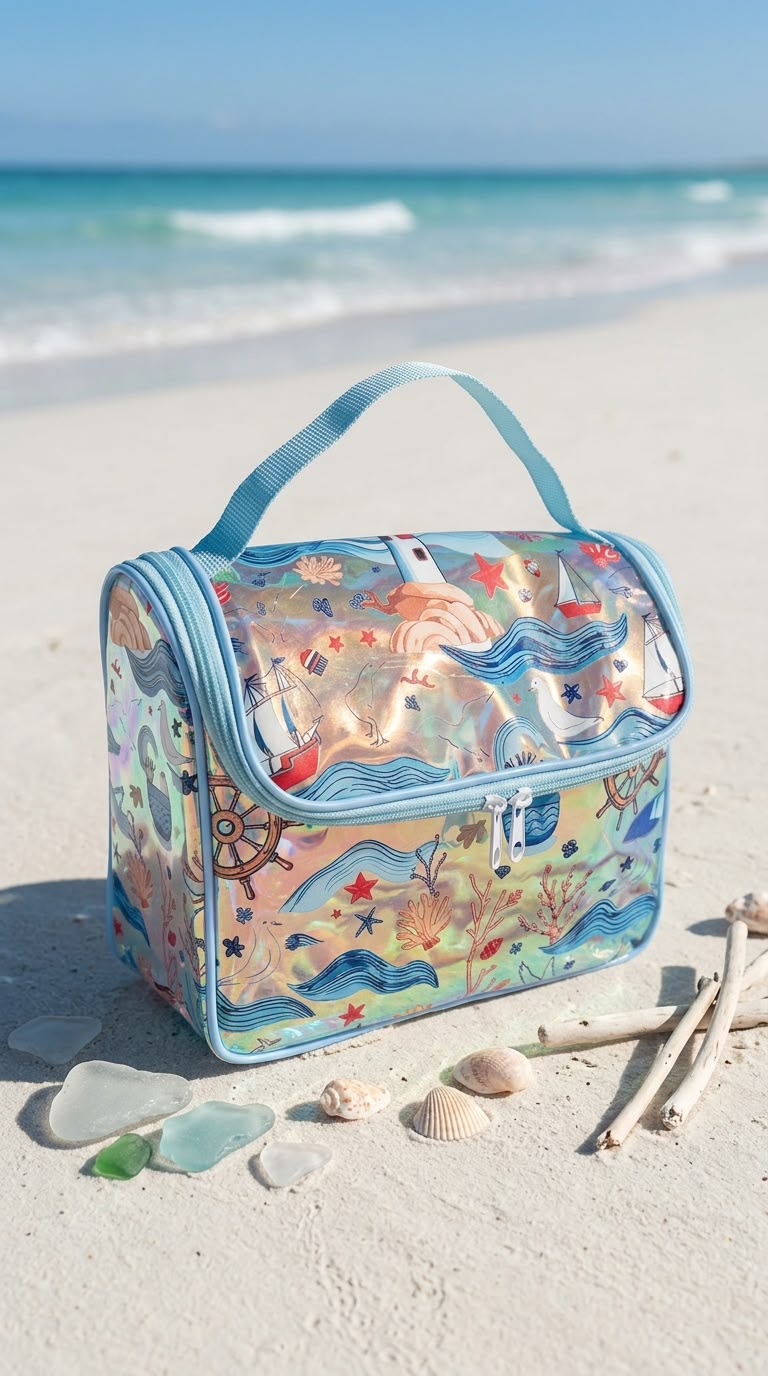 Mockup gerado por IA: nécessaire marítima em outro ângulo de praia